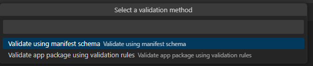 A captura de tela mostra a seleção de validar usando o esquema de manifesto.